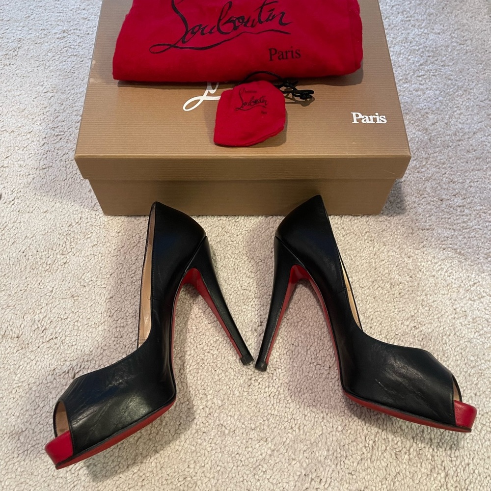 Christian Louboutin red peep toe black heel